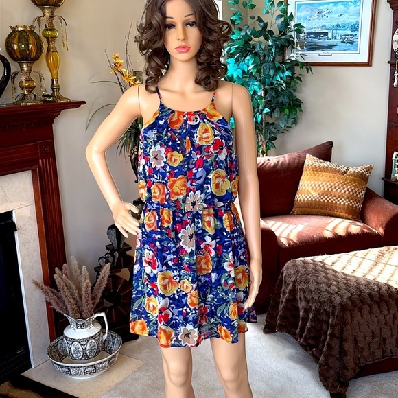 Runway Story Blue Floral Lined Dress Strappy Tank Cinched Waist Mini Flowy - Picture 9 of 16